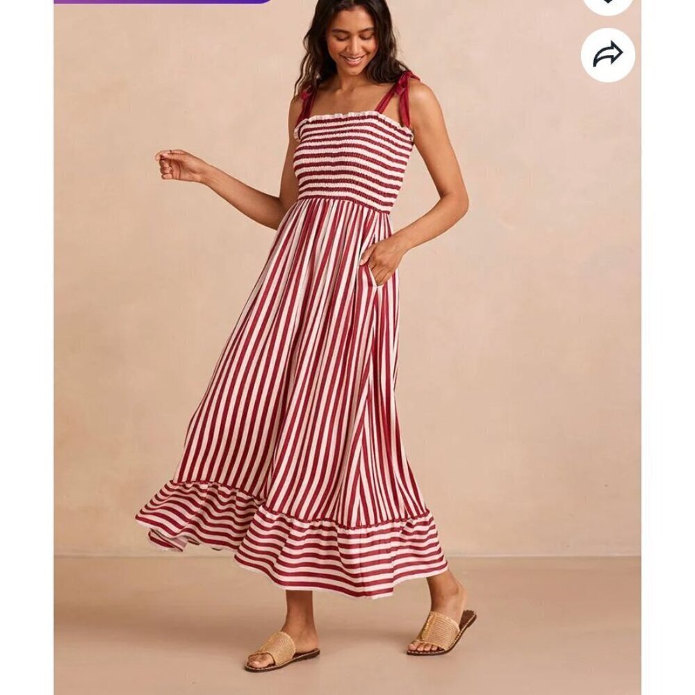 Summersalt NWT Silky Luxe Smocked Maxi Dress Nautical Stripe in Sedona Red XS